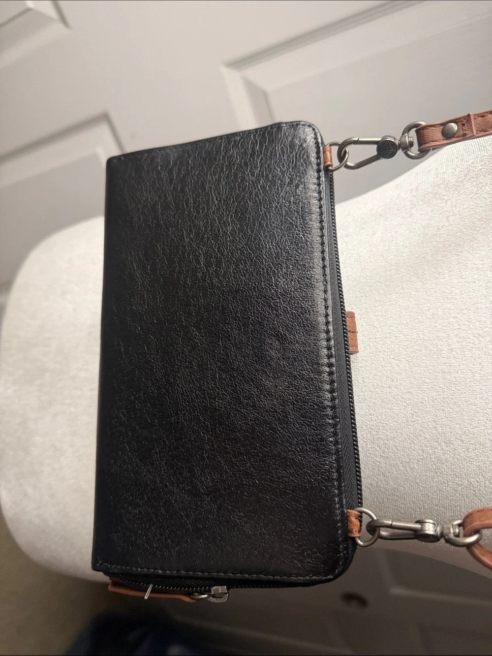 The Sak Black and Brown Leather Wristlet Wallet with Strap
